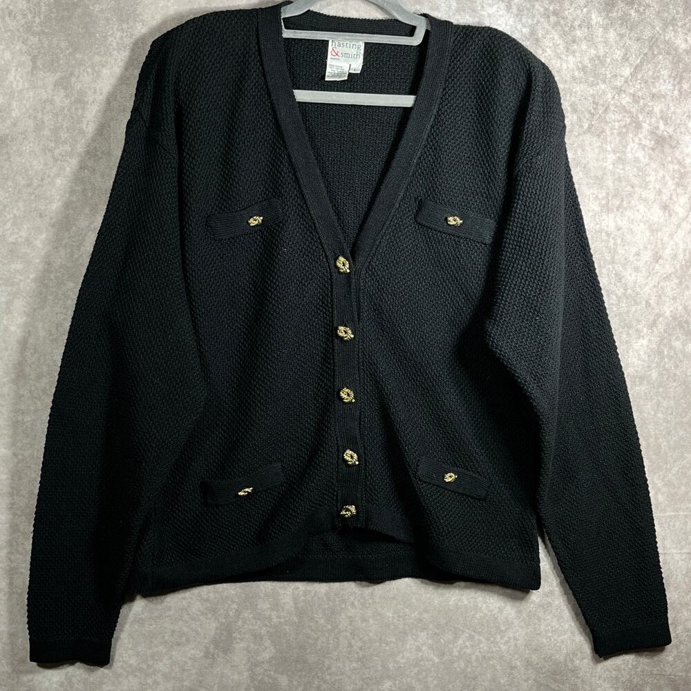Hasting & Smith Cardigan Sweater Womens Large Black Knit Button Front V-Neck‎